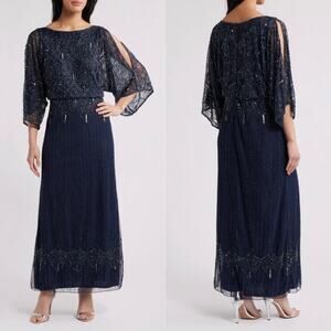 Pisarro Nights Women 8 Blouson Dress Navy Blue Beaded Cold Shoulder Column FLAW